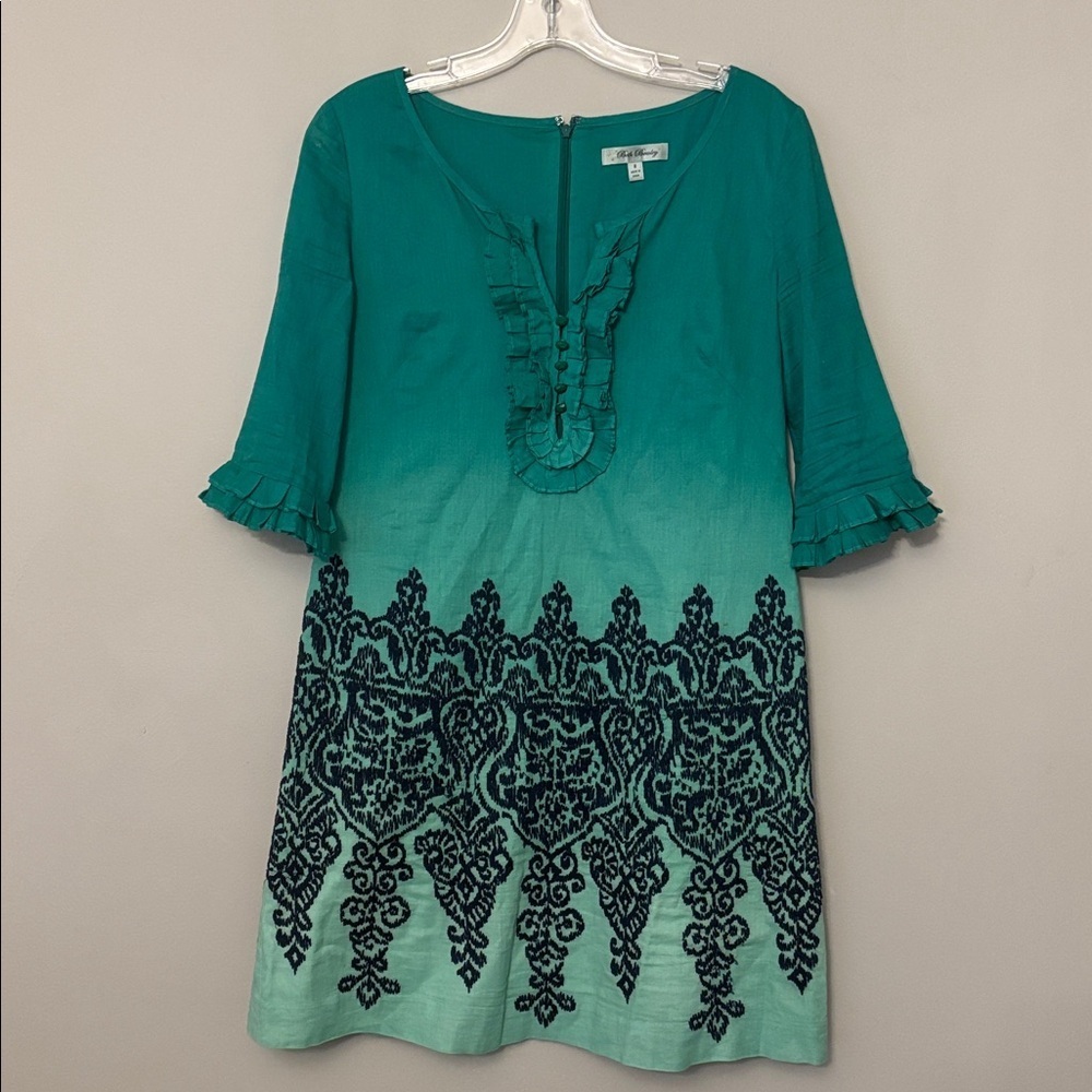 BETH BOWLEY Green Ombré Embroidered Ruffle Dress Sz 8